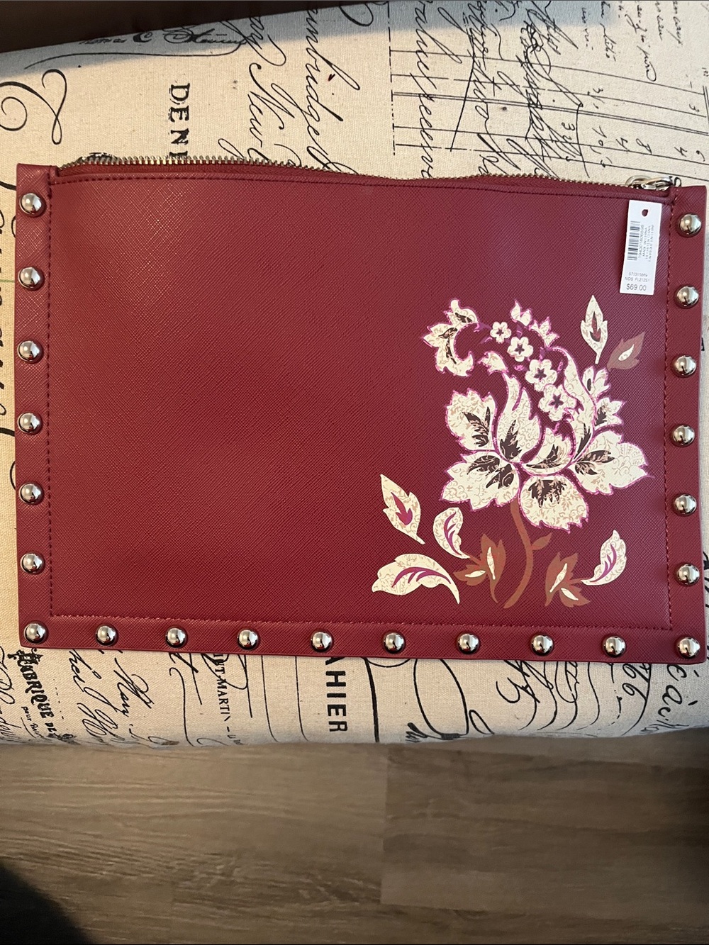 White House Black Market Burgundy Floral Studded Wristlet Clutch NWT